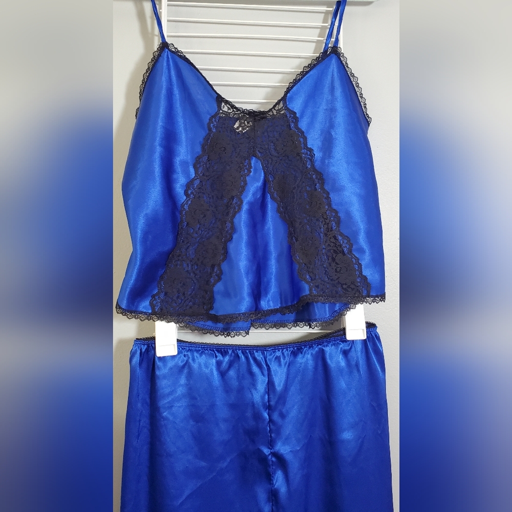 Royal Blue SZ L Satin Sleepwear Set, Petra Fashions, Lace Lingerie Loungewear